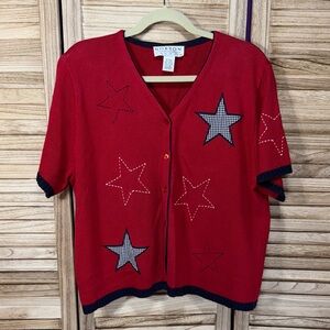 Norton Studio Short Sleeve Sweater Red White Blue Star  Button Down Cardigan XL